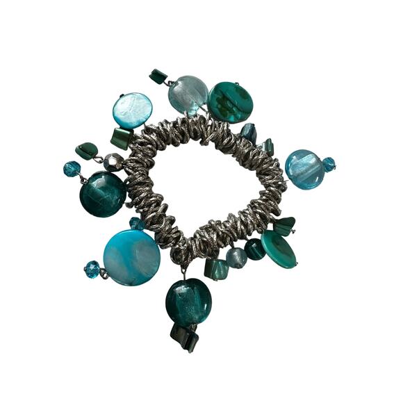 Blue Glass Bead and Shell Stretch Bracelet - Picture 1 of 5